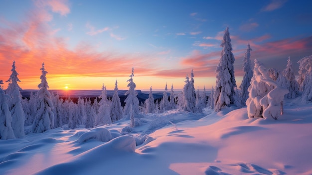 Paisagem de inverno com árvores cobertas de neve e um lindo pôr do sol ao fundo