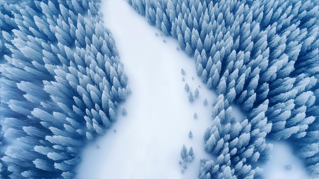 Paisagem de inverno com árvores cobertas de neve na floresta ao longo da estrada, vista superior