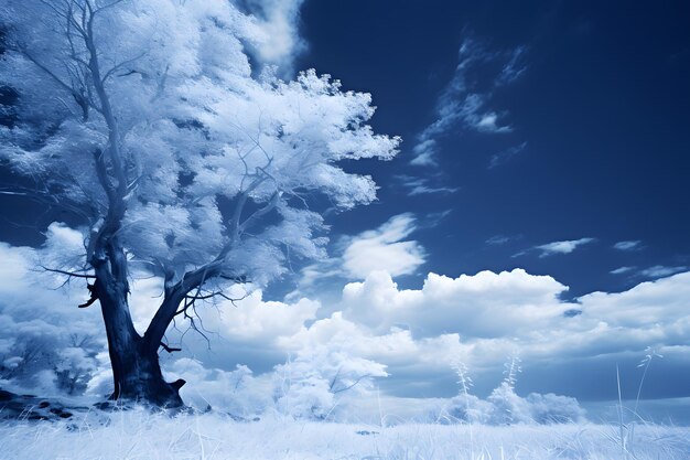 Foto paisagem de inverno com árvores nevadas sob o céu azul