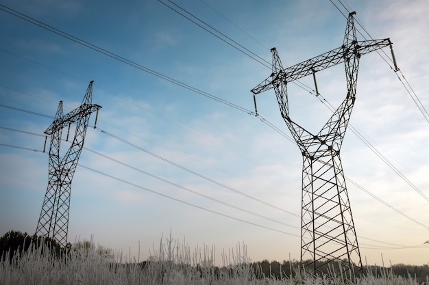 Paisagem de inverno com cabos de energia em um campo nevado perto da floresta e do parque