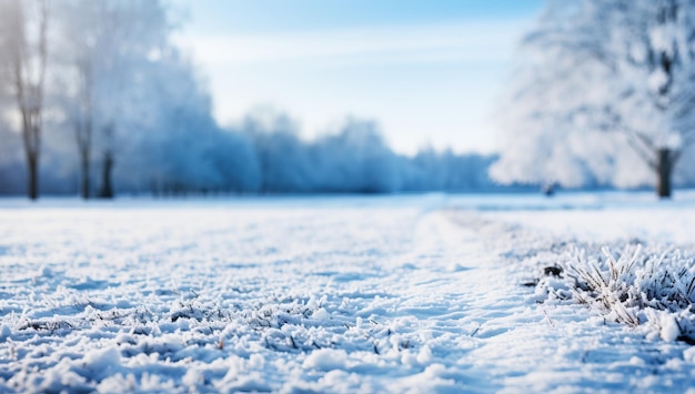 Paisagem de inverno com campo coberto de neve e árvores ao fundo