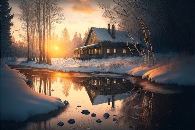 Paisagem de inverno com casa e floresta ao pôr do sol generativa AI