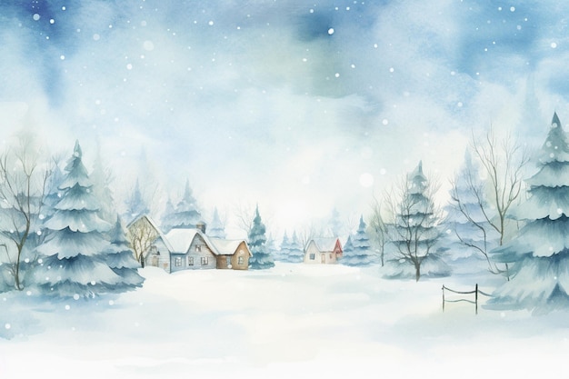 Paisagem de inverno com casas aconchegantes da aldeia e abetos na neve em estilo de aquarela Ilustração de aquarela digital de férias para design em cartaz ou banner de cartão de Natal e Ano Novo IA geradora