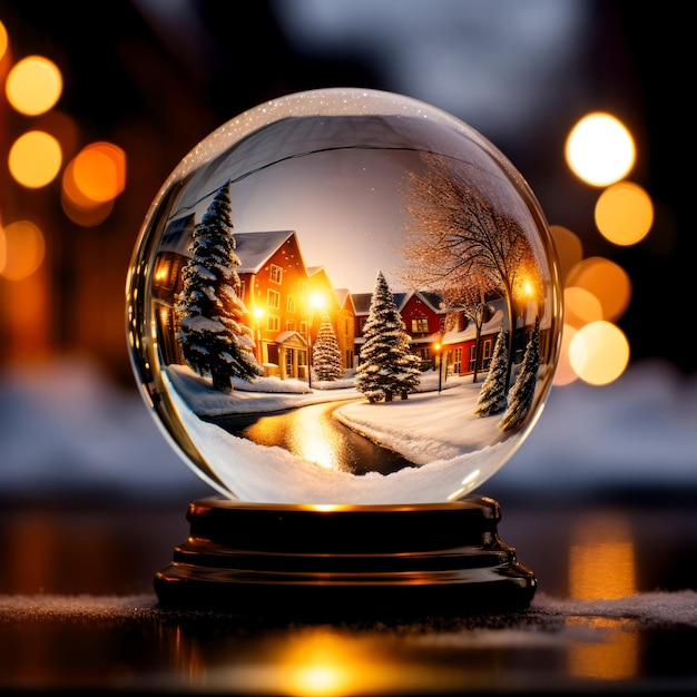Paisagem de inverno com estrada e uma tempestade de neve casa de abeto em um globo de vidro de Natal O fundo é um bokeh requintado