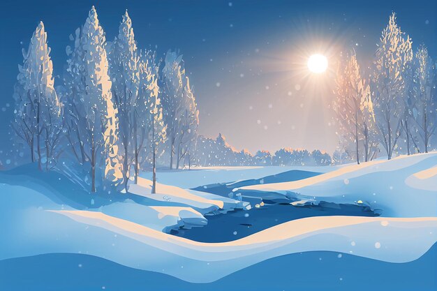 Paisagem de inverno com floresta e montanhas em estilo vetorial em atmosfera de inverno de cores pastel