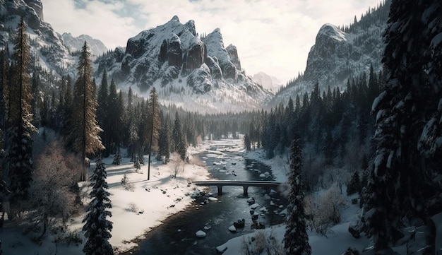 Paisagem de inverno com floresta profunda de inverno de neve e montagens ai generativas