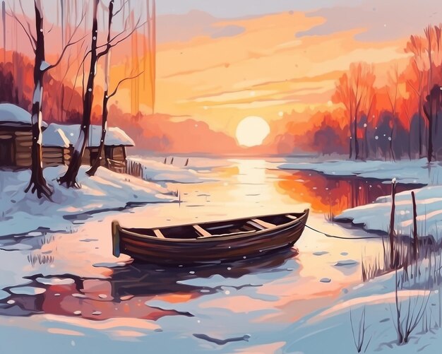 paisagem de inverno com lago de gelo e barco pintura colorida