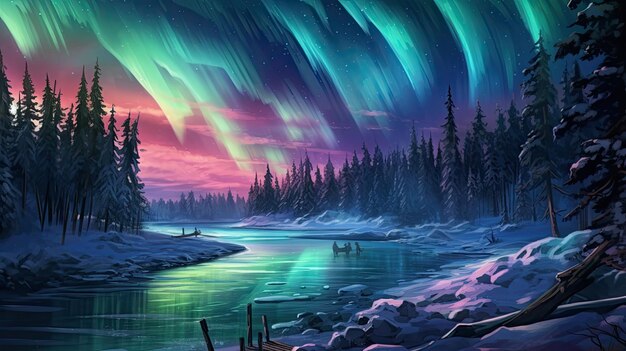 paisagem de inverno com montanhas e um lago com aurora por AI