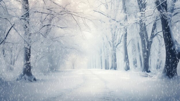 Foto paisagem de inverno com neve suave contra um fundo de árvores cobertas de neve