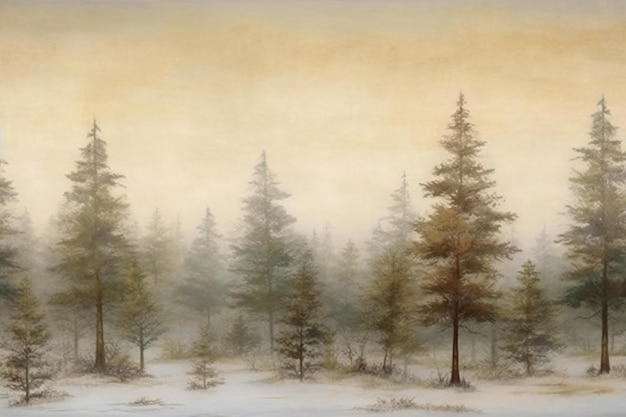 Paisagem de inverno com pinheiros em floresta nebulosa Pintura vintage