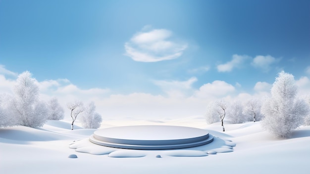 Paisagem de inverno com pódio de neve e branco para exibição de produtos elegantes Colocação de produtos de inverno