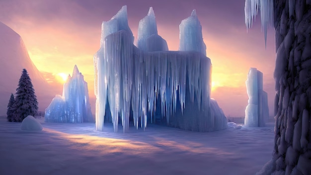 Paisagem de inverno com pôr do sol neon Grandes blocos de árvores congeladas de gelo Paisagem de neve de inverno fantasia Ilustração 3D de natureza congelada