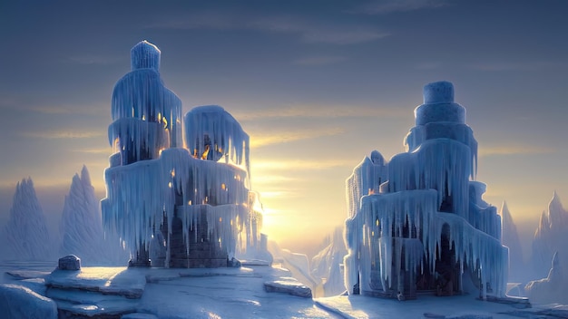 Paisagem de inverno com pôr do sol neon Grandes blocos de árvores congeladas de gelo Paisagem de neve de inverno fantasia Ilustração 3D de natureza congelada