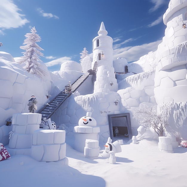 paisagem de inverno com um boneco de neve alegre e Frosty the Snowman juntos no meio de um boneco de neve