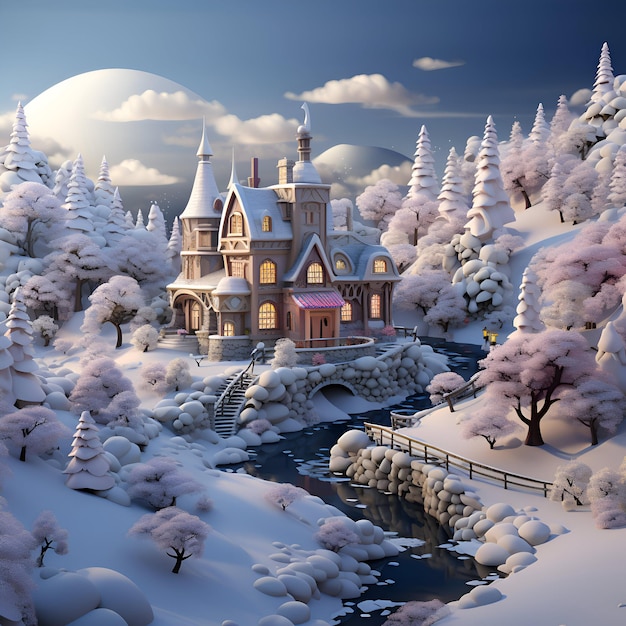 Foto paisagem de inverno com um castelo de fantasia na floresta 3d render.