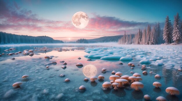 Foto paisagem de inverno com um lago congelado e cristalino cercado por uma lua colossal e cheia