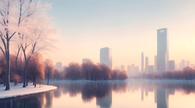 Paisagem de inverno com um lago no parque de uma cidade moderna com edifícios altos à noite durante o pôr do sol