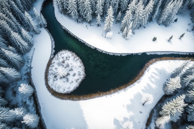 Paisagem de inverno com um rio congelado e árvores cobertas de neve vistas de cima IA generativa