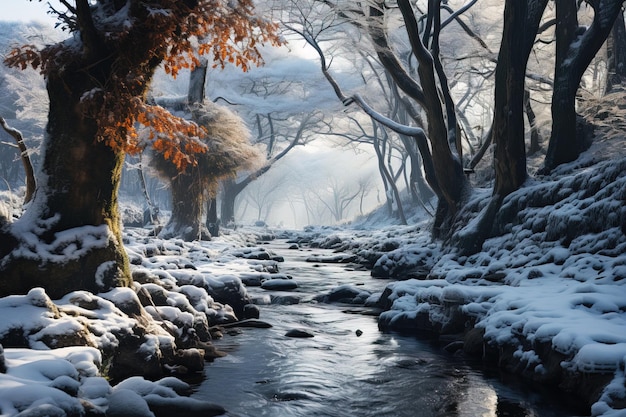 Paisagem de inverno com um rio na antiga floresta densa no meio do nevoeiro