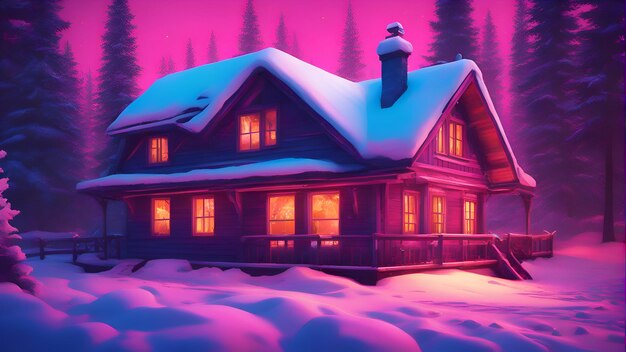 Foto paisagem de inverno com uma casa de madeira na floresta renderização 3d