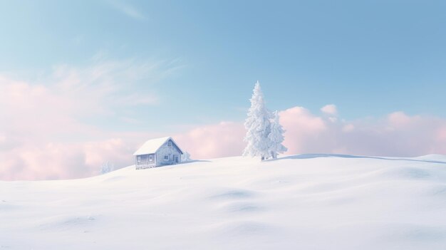 Paisagem de inverno com uma pequena casa nas montanhas nevadas renderização 3D IA generativa