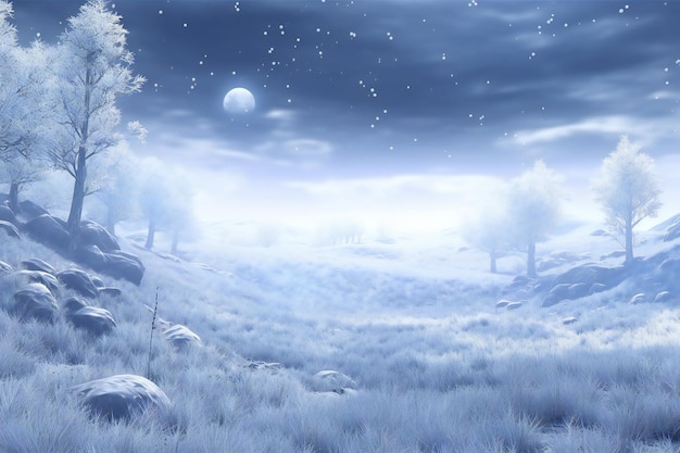 Foto paisagem de inverno de fantasia com árvores cobertas de neve lua e estrelas