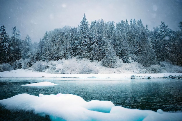 Paisagem de inverno de fantasia com ilustração 3D de rio e árvores