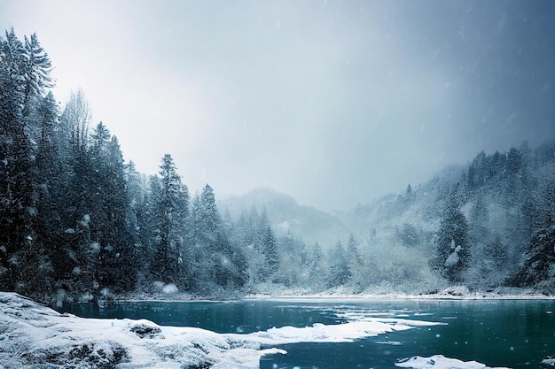 Paisagem de inverno de fantasia com ilustração 3D de rio e árvores