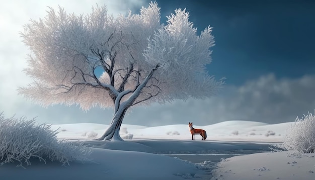 Paisagem de inverno de fantasia com uma raposa Generative AI