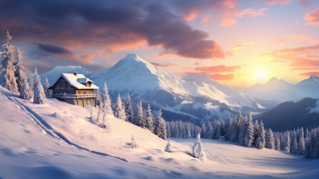 Paisagem de inverno de montanhas e floresta vale coberto de neve com uma pequena casa isolada no rosa