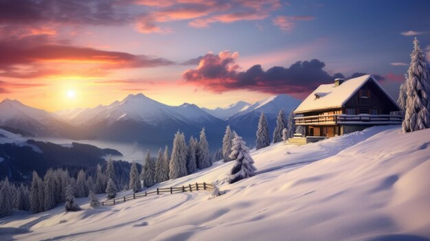 Paisagem de inverno de montanhas e floresta vale coberto de neve com uma pequena casa isolada no rosa