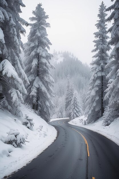 Foto paisagem de inverno de natal abeto e pinheiros cobertos de neve em uma estrada de montanha