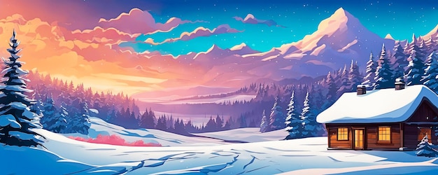 Paisagem de inverno dos desenhos animados durante o pôr do sol em formato de banner