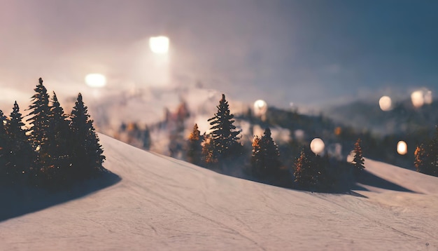 Paisagem de inverno e abetos nevados da estância de esqui Descansar nas montanhas no inverno Encostas das montanhas na neve Ilustração 3D da temporada de inverno