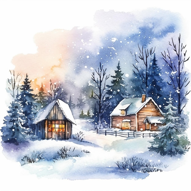 Paisagem de inverno em aquarela com casa de madeira na floresta Fundo de inverno de ano novo