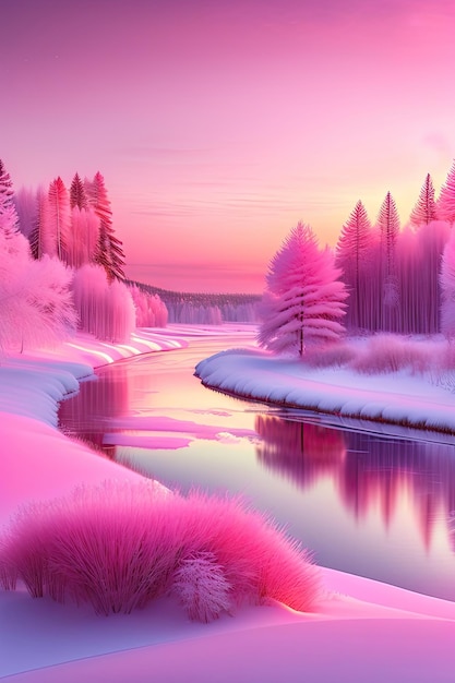 Paisagem de inverno em tons rosa