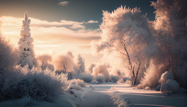 Paisagem de inverno em uma floresta de pinheiros Generative AI