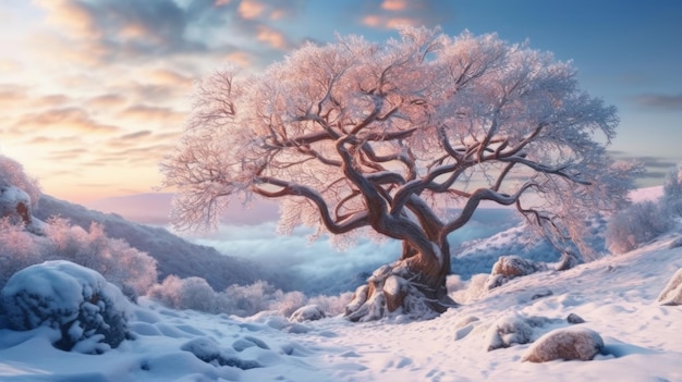 Paisagem de inverno enigmática Montanhas no inverno são lindas árvores de tirar o fôlego no inverno com galhos cobertos de neve