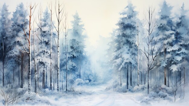 paisagem de inverno floresta nevada na neve ilustração de aquarela