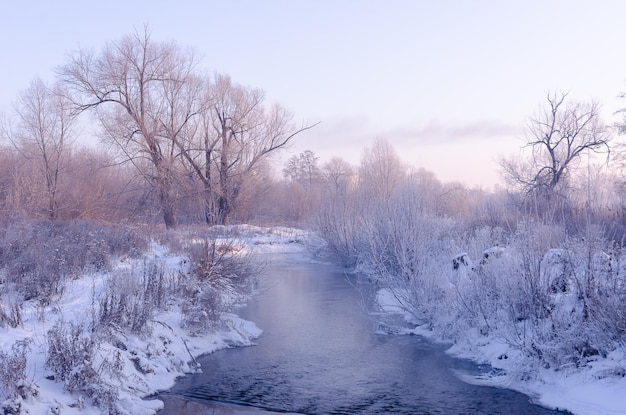 Foto paisagem de inverno gelada de manhã cedo no rio neve nas árvores e geada