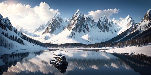 Paisagem de inverno lago entre altas montanhas contra o céu azul