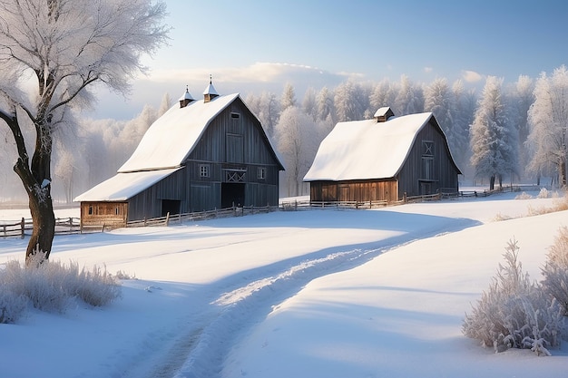 Paisagem de inverno no campo com um celeiro