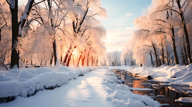 Paisagem de inverno ramo de árvore coberto de neve em floresta tranquila sob a luz do sol