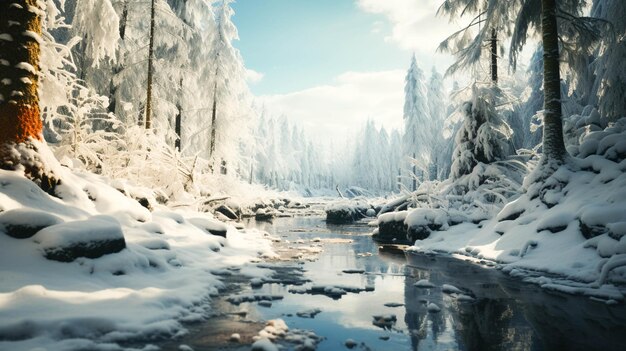 Paisagem de inverno ramo de árvore coberto de neve em floresta tranquila