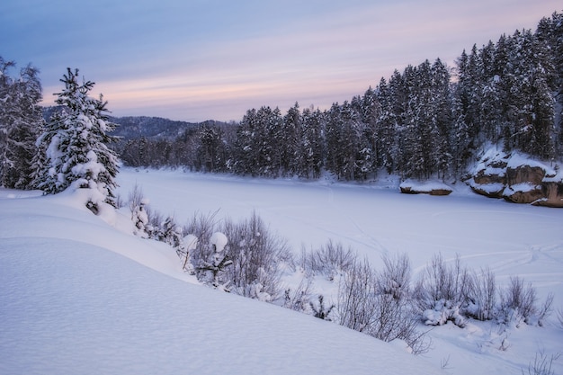 Paisagem de inverno tranquila com rio e floresta congelados