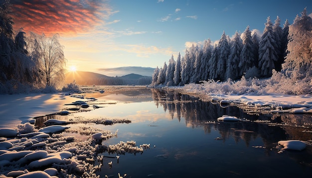 Foto paisagem de inverno tranquila montanhas cobertas de neve lago congelado floresta pacífica gerada por ia