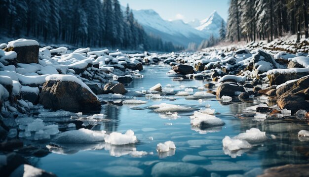 Foto paisagem de inverno tranquila pico de montanha congelado reflete a beleza na natureza gerada pela ia