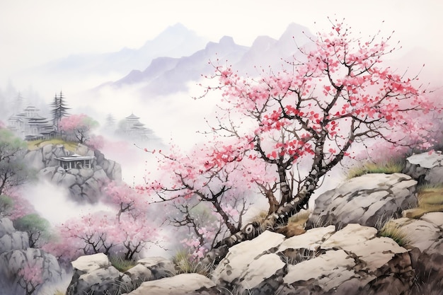 Paisagem de jardim de flores de ameixa coberta de névoa pintura de arte chinesa para fundo generative ai