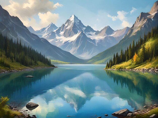 Paisagem de lago com montanhas nevadas e floresta de pinheiros com nuvens Pintura