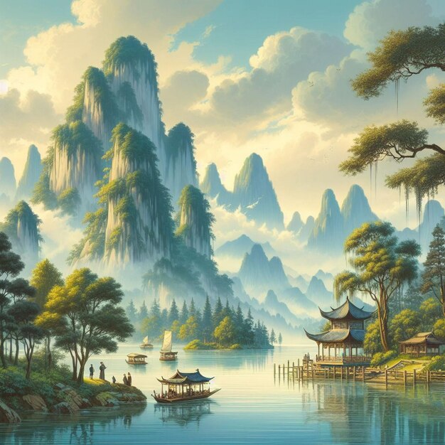 Paisagem de lago e montanha em estilo chinês linda